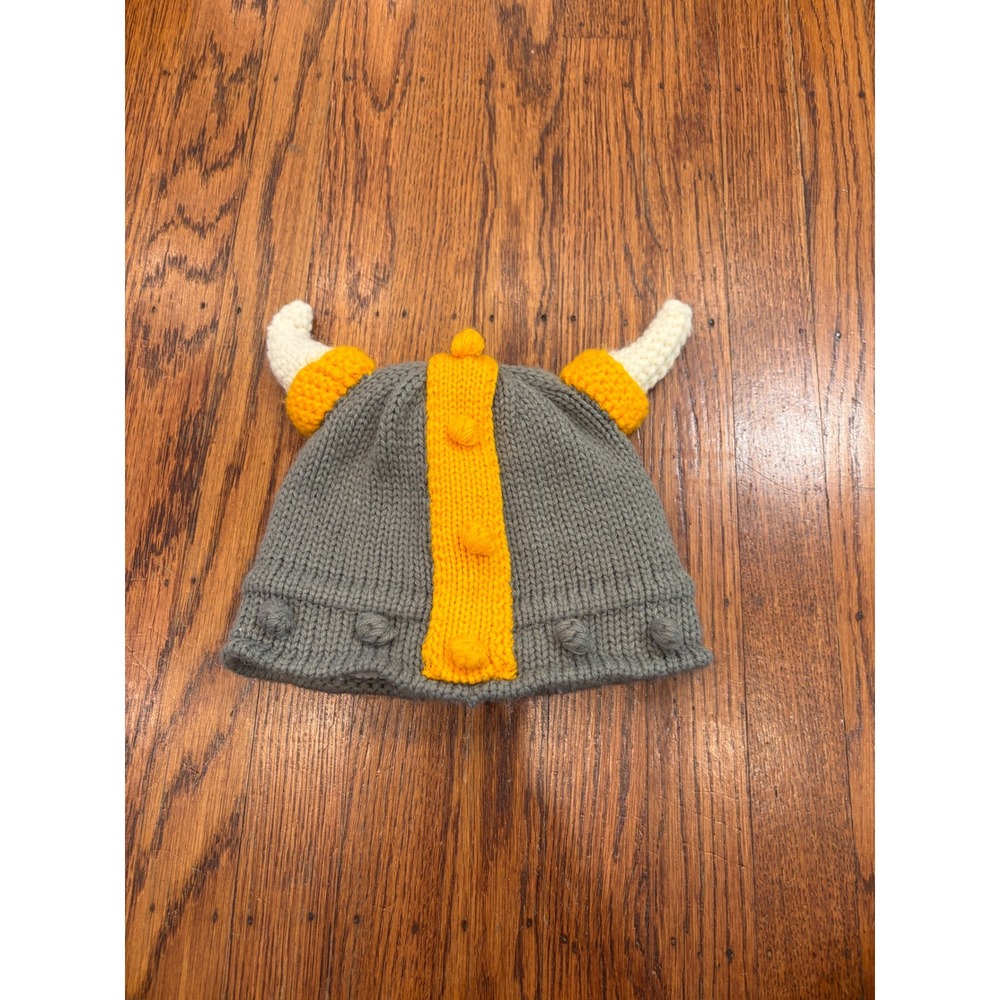 Kids Grey Knit Viking Helmet Beanie Hat Fleece Lined Yellow Horns